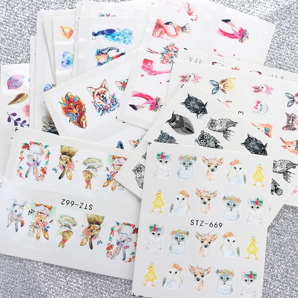 

15 pcs/pack mixed nails art stickers summer slider flamingo owl flower animal designs water transfer decals nail manicure decals, Black