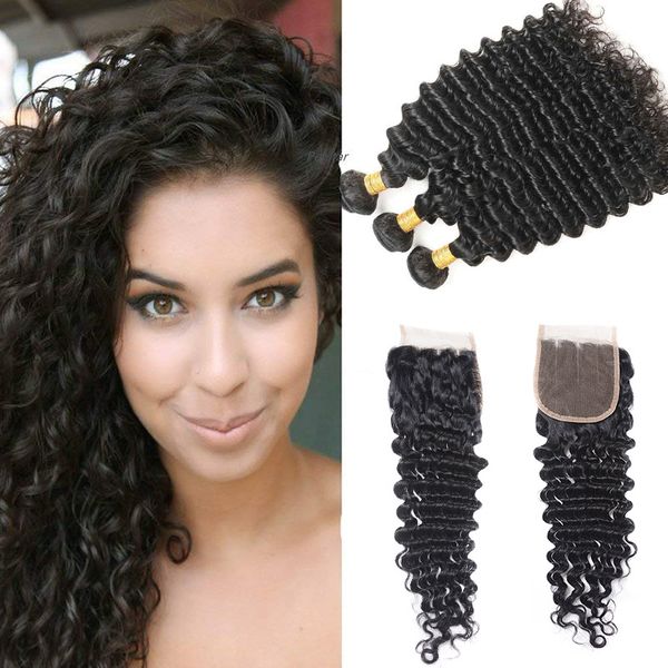 

peruvian unprocessed human hair deep wave bundles with 4x4 lace closure middle three part deep curly 3 bundles with lace closure, Black;brown