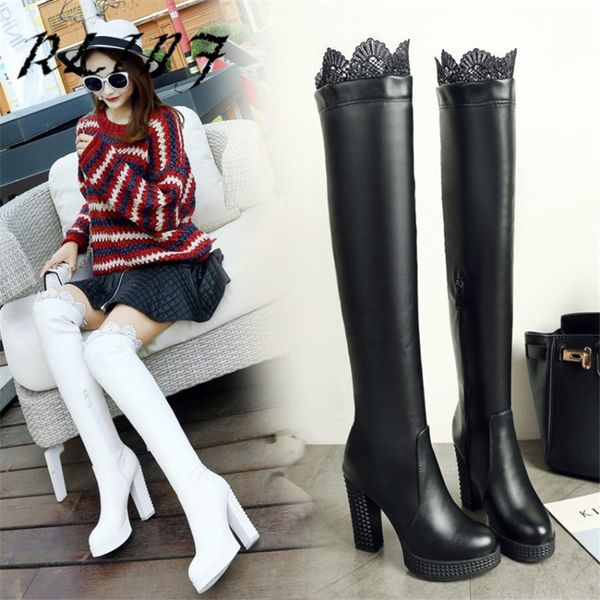 

rlinf over the knee high tube stretch stovepipe high heel thick with waterproof platform female long boots, Black
