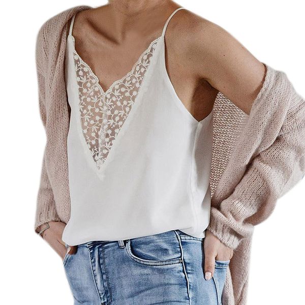 

lace tank women summer lace patchwork v-neck camis halter caraco dentelle chalecos mujer#lsj, White