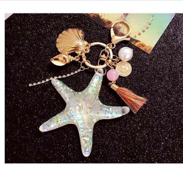 

fancy&fantasy new cartoon sea world starfish pearl shell keychain key chain keyring crystal pendant keychain women gift, Silver