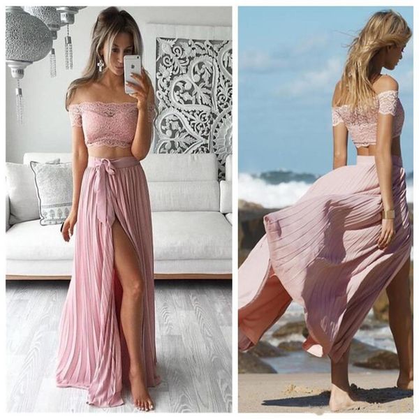 

Dusty Rose Two Piece Prom Dresses Boat Neck Off The Shoulder Short Sleeves Side Split Evening Dresses Sash Chiffon Robe De Soiree