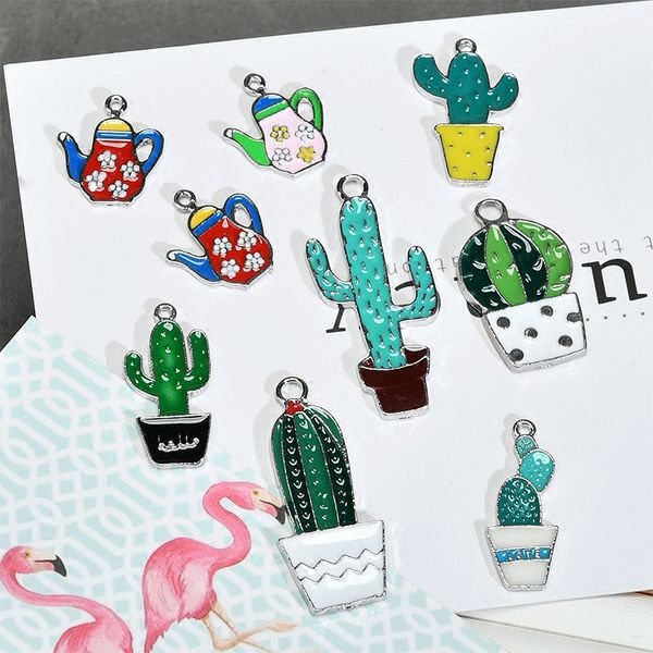 

new style 50pcs/lot cartoon enamel cactus/teapot shape alloy drop oil floating locket pendants charms diy jewelry making, Bronze;silver