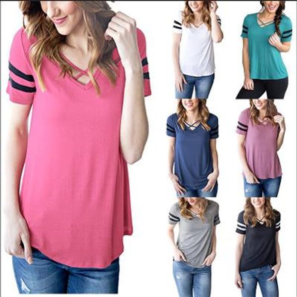 

new summer casual t-shirt v-neck cross thin solid tee striped on sleeve loose cool sweet top, White