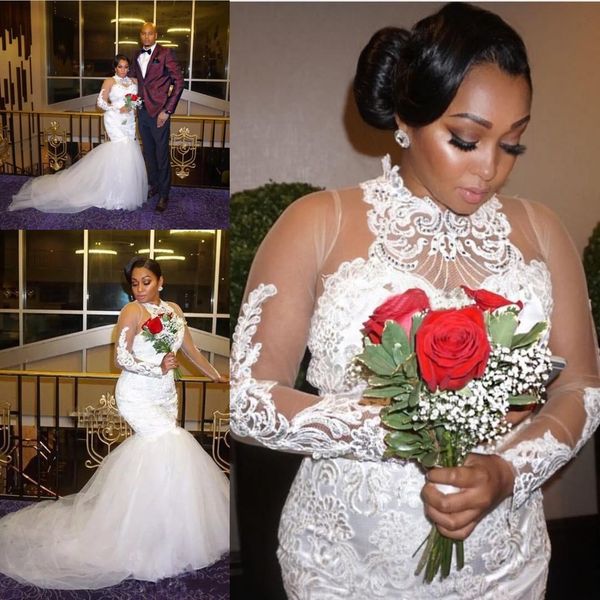 

африканские плюс размер свадебные платья с высоким вырезом кружева аппликации бисер sheer длинные рукава тюль русалка свадебные платья vesti, White