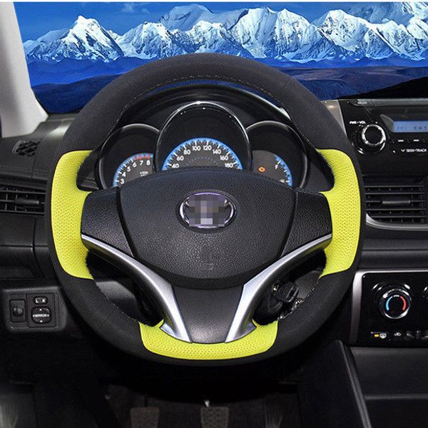 

for toyota vios 14-2017 car steering wheel cover black suede w/ yellow leather