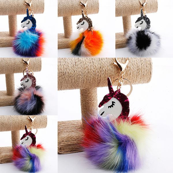 

fluffy unicorn pony keychain pendant cute pompom artificial rabbit fur key chain bag car key ring hang bag jewelry dhl xl-611, Slivery;golden