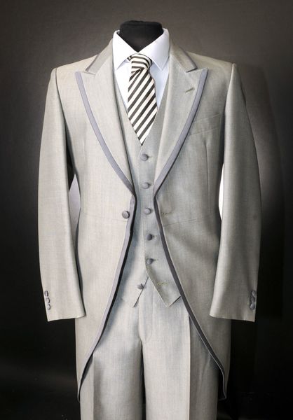 Elegante grigio chiaro con spacco centrale frac smoking dello sposo stile mattutino uomo abiti da sposa uomo formale abito da ballo (giacca + pantaloni + cravatta + gilet) 1007