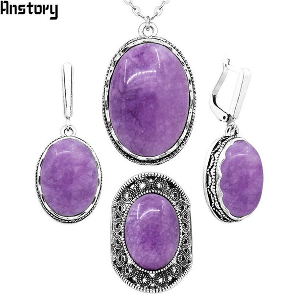 

oval natural violet stone jewelry sets necklace earrings rings sets for women flower pendant antique silver plated party