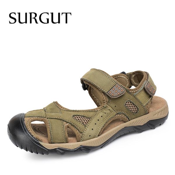 

surgut new arrival summer men's sandals real leather mens shoes slippers beach walking casual shoes big size 39-47, Black