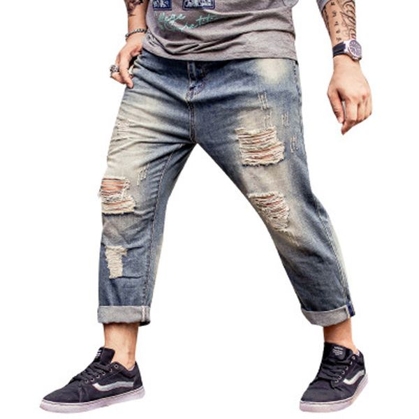 

new stylish jeans men with holes denim super oversized designer brand plus fat jean pants scratched biker jeans 5xl-8xl 002, Blue