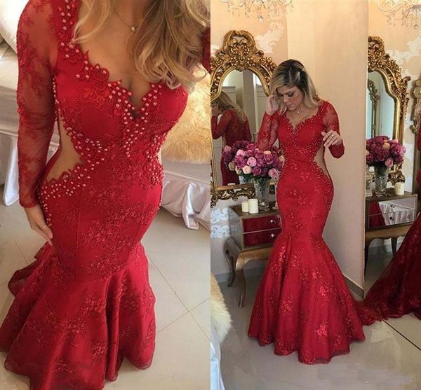 

2018 Red Lace Formal Dress Evening Wear with Long Sleeves Sweetheart Pearls Sweep Train Arabic Prom Party Gowns Plus Size Custom
