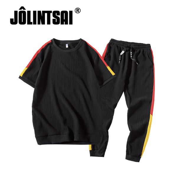 

jolintsai 2018 men t-shirt pants set men's suits summer breathable linen set sportswear patchwork design fashion tracksuit sets, Gray