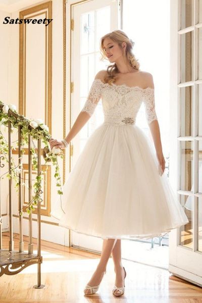 Elegante pizzo/organza spalle scoperte scollo a barchetta mezza manica lunghezza tè abito da sposa vintage vestido de noiva 2023