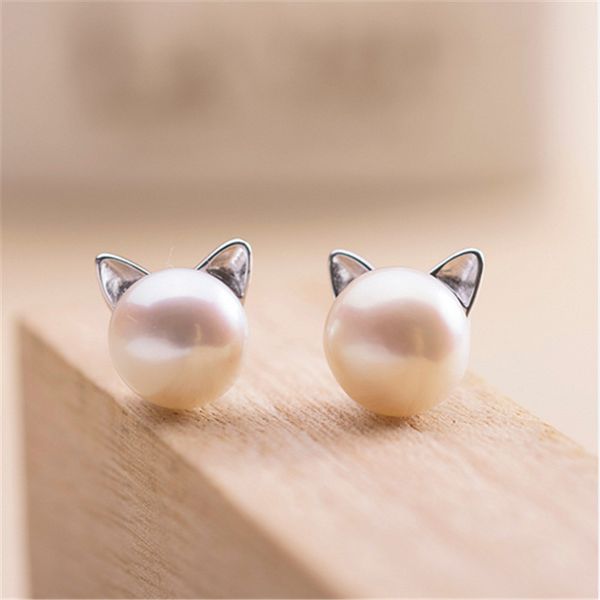 

misananryne simulated round pearl earring stud silver color stainless steel cute cat earring fashion wedding pearl jewelry, Golden;silver