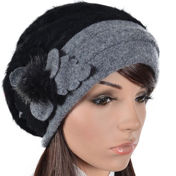 

womens angora french beret fur beanie floral berets lined skullcap winter hat forbusite, Blue;gray
