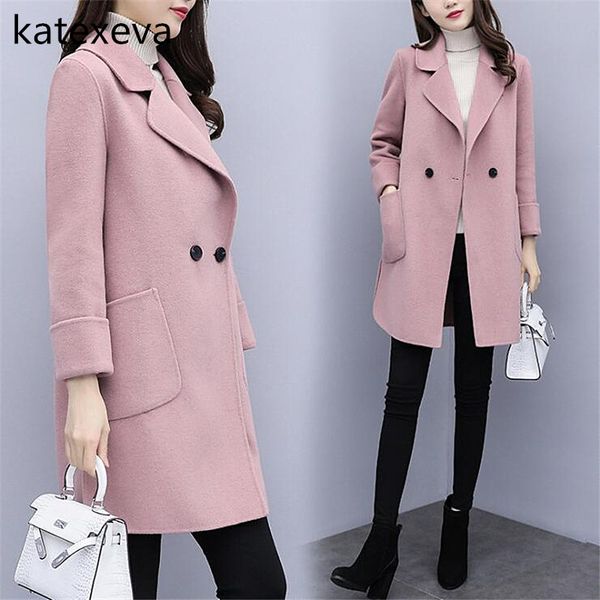 

katexeva 2018 autumn and winter new woolen coat female korean version of fashion temperament in long section woolen coat female, Black