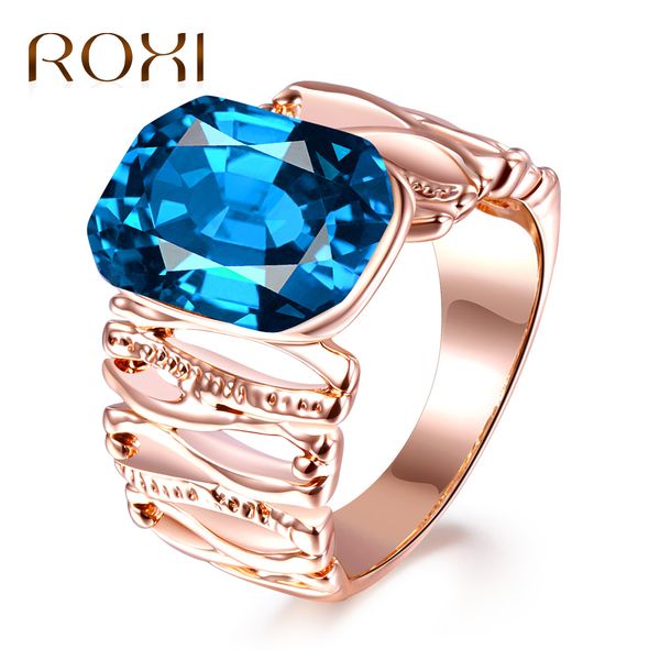 

whole saleroxi fashion hollow rings for women vintage blue cz stone ring bague femme rose gold color engagement ring wedding anillos, Golden;silver