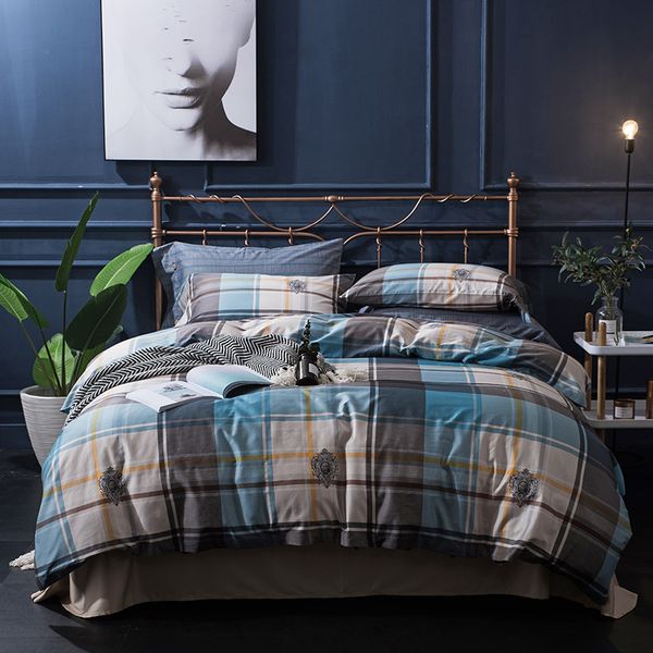 100 Egyptian Cotton Brown Blue Green Stripe Plaid Bedding Sets