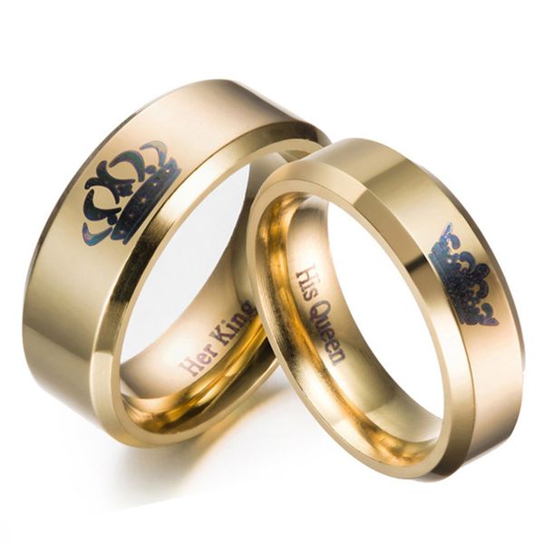 

gold colour king and queen stainless steel crown couple rings gold rings for couples lovers love promise for men women, Golden;silver