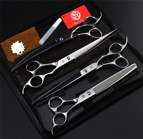 

professional pet dog grooming scissors 8.0 inch hair cutting + thinning + curved shears 440c straight scissors 4 pcs set case