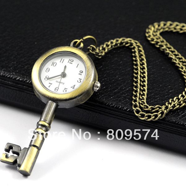 

wholesale buyer price good quality fashion retro bronze classical vintage key pocket watch necklace with chain hour, Slivery;golden