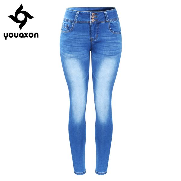 

2143 youaxon new arrived plus size faded jeans for women stretchy five pockets denim skinny pants trousers, Blue