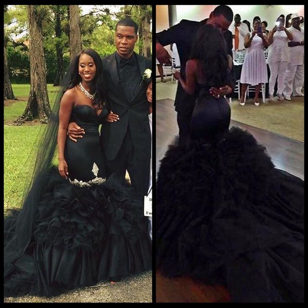 

2020 unique chic layer ruffles black mermaid wedding dresses backless south african arabic sweetheart satin long bridal gowns gothic, White
