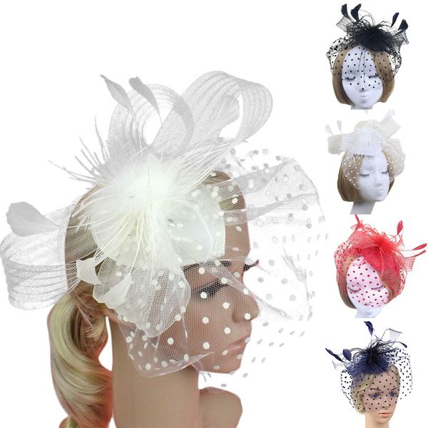 

elegant lady feather fascinator cocktail hat hairpins for wedding party hair clip french mesh veil hair band accessories, Blue;gray