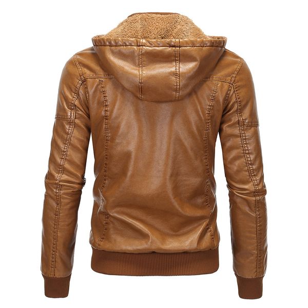 

fashion european style mens leather jacket plus velvet warm-keeping classic sheepskin hooded leather coat orange color ing, Black