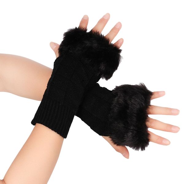 

faux fur furry knit women stretchy half-finger arm warmer gloves, Black
