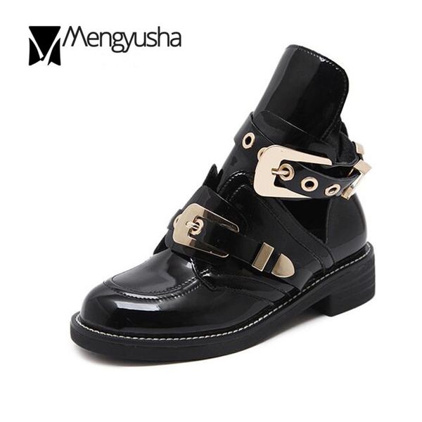 

european woman boots buckle strap boots cut out ankle boot for woman metal buckle open boats british style, Black