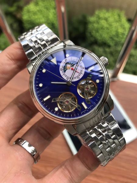 

men double tourbillons watches moon phase automatic movement wristwatch men's watch stainless steel bracelet men gents gifts, Slivery;brown