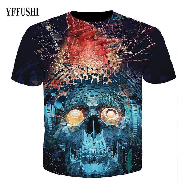 

yffushi 2018 male 3d t shirt fashion blue machine skull print hip hop tees summer cool slim fit male t-shirt plus size s-5xl, White;black