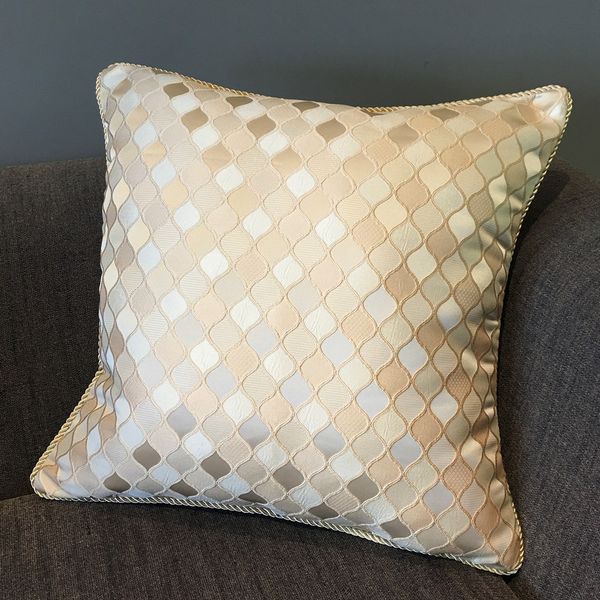 

contemporary ivory decorative pillow case floral check square 45x45cm rope pipping jacquard woven floor sofa cushion cover