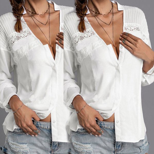 

new fashion lady ladies women summer lace shirts beach long sleeve casual loose baggy tunic blouse plus size, White