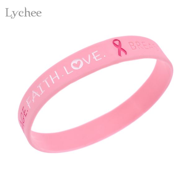 

lychee silicone breast cancer awareness bracelet wristband pink racelet soft jewelry for men women, Golden;silver