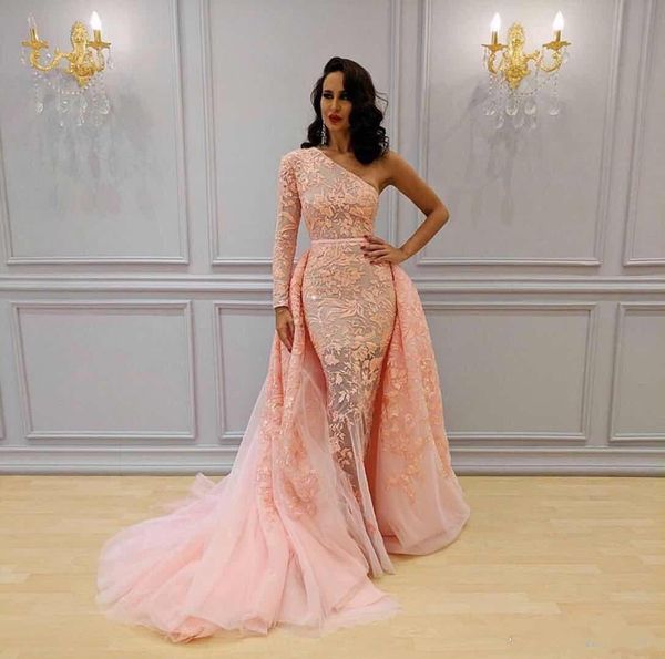

2020 new one shoulder long sleeves sweep train blush pink lace appliques new coming custom made evening dress evening gown vestidos de novia, Black;red