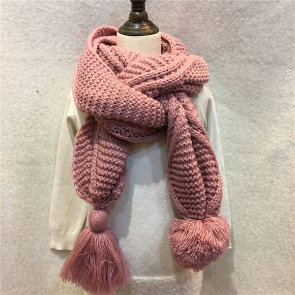 

280g/pc female winter solid knitted scarf acrylic wool big ball pompom crochet shawls fringe tassel macrame long scarves yg452, Blue;gray