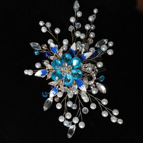 

bridal hair comb blue crystal rhinestone flower princess wedding bride hair clip barrettes pins silver color for women