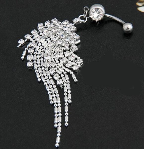 

2015 new trendy stainless steel rhinestone belly tassel chain dangle navel belly button ring bar crystal peach feather piercing, Silver