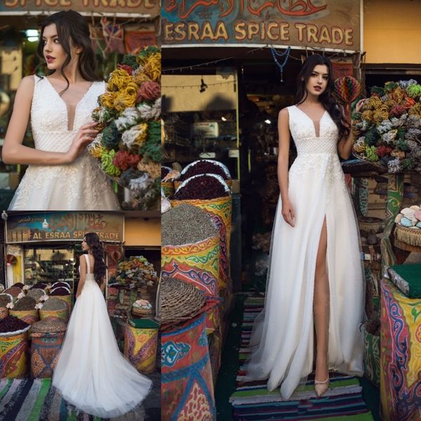 

princess 2019 wedding dresses v neck thigh slit lace bridal gowns sweep train plus size backless wedding dress custom, White