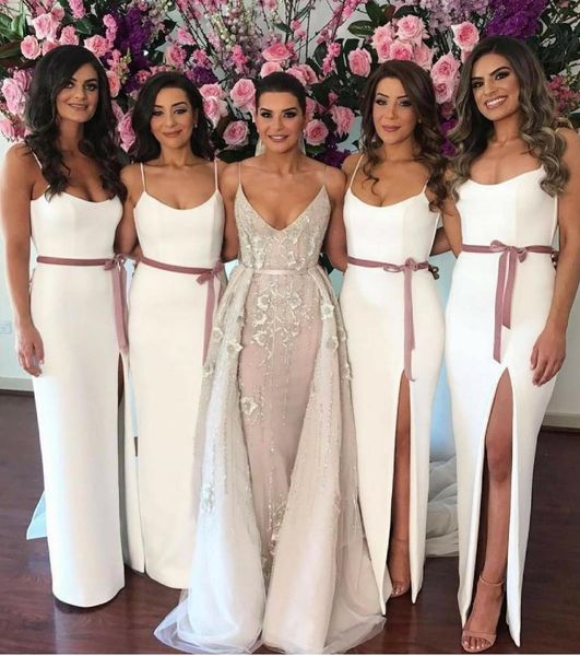 

mermaid bridesmaid dresses spaghetti straps high side split floor length wedding guest dresses formal maid of honor dress, White;pink