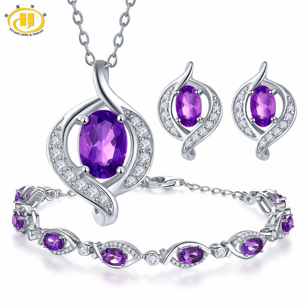 

hutang pendant & earrings & bracelet natural gemstone amethyst solid 925 sterling silver fine jewelry sets for women's gift, Black
