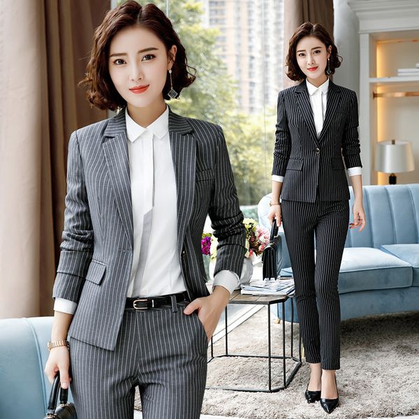 Acheter Noir Rouge Gris Travail Costume Pantalon Costumes 2 Pièces Ensemble Pour Les Femmes Un Bouton Rayé Blazer Veste Pantalon Bureau Dame Costume