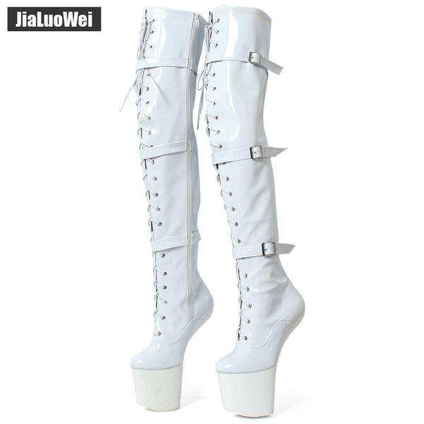 

jialuowei high leg boots lace up extreme high heel fetish heelless horse stallion hoof sole over knee boots crotch, Black