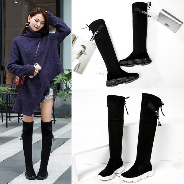 

women knee high flat thick bottom stretch skinny boots thigh high boots shoes shoes woman winter lady for dropshipping new, Black