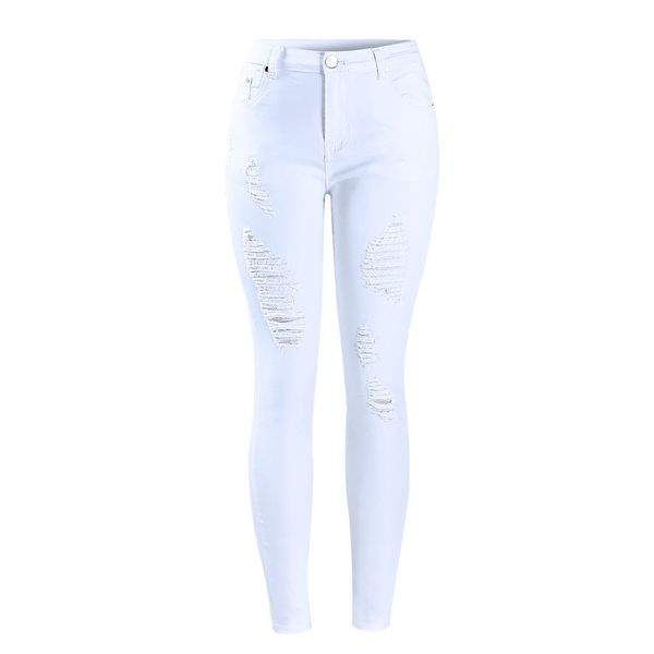 

new women`s distressed curvy white mid high waist stretch denim pants ripped hole skinny jeans for woman jean, Blue