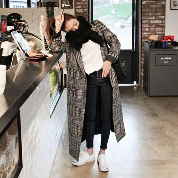 

women long coat long sleeve winter spring plaid pockets jacket coats slim turn down collar tweed coat femme clothing dw129, Black;brown