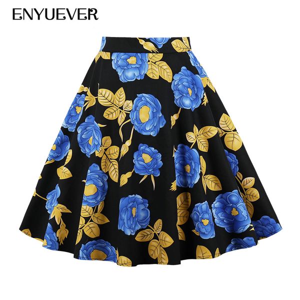 

enyuever floral casual skirts plus size women clothing jupe 50s vintage retro cotton pleated skater falda high waist midi skirts, Black